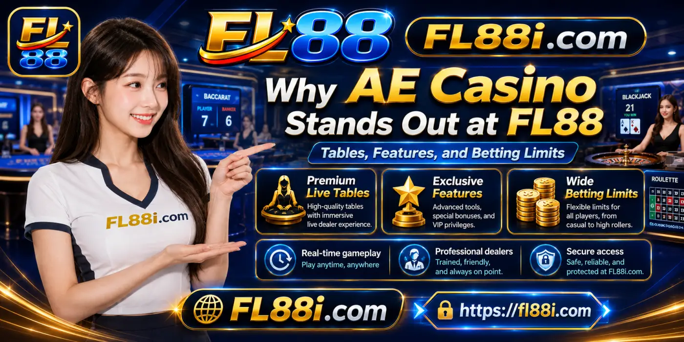 AE Casino at FL88 featuring live dealer tables, gaming features, betting limits and responsible play guidance for Malaysian adults