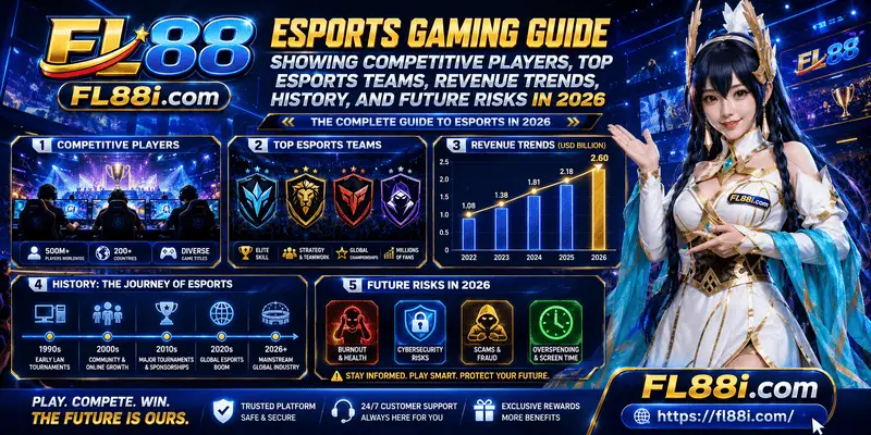 Esports gaming guide featuring competitive players, top esports teams, revenue trends, industry history, and future risks in 2026