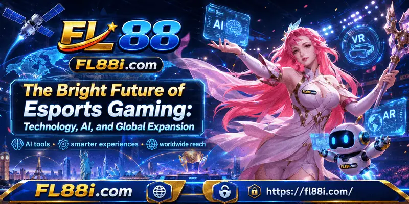 Future esports gaming scene showing AI analytics, advanced broadcasts, global tournaments, and expanding digital audiences